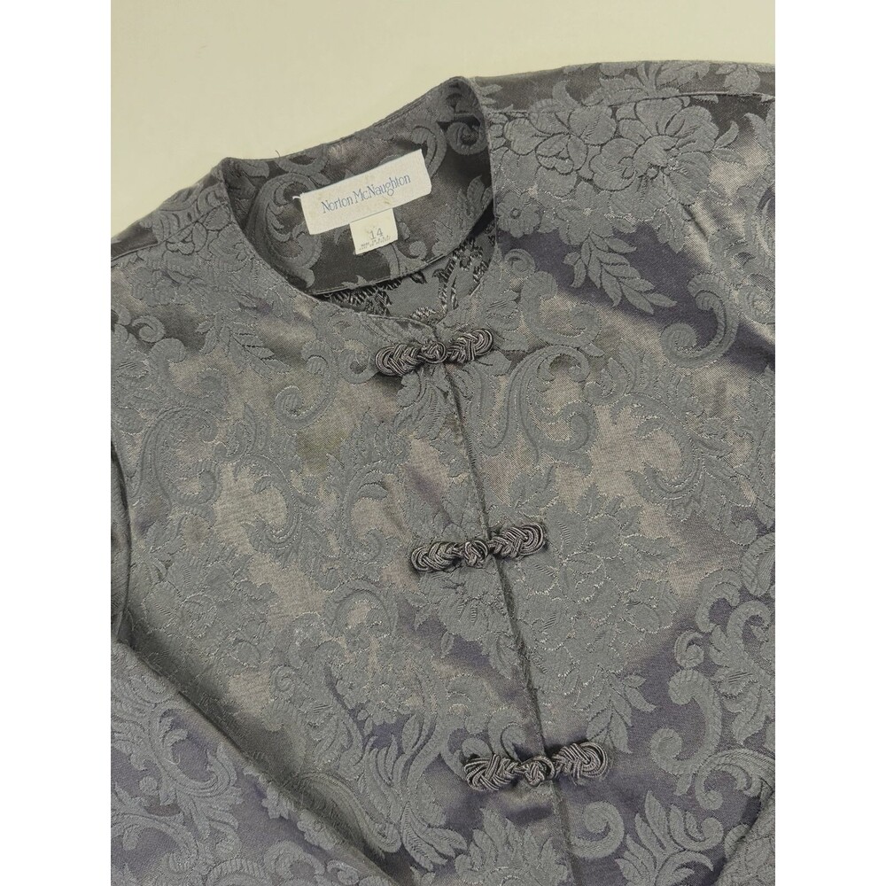 Vintage Norton McNaughton Size 14 Black Floral Jacquard Frog Closure Jacket